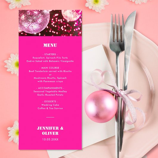 Menu Mariage rétro disco paillettes rose vif chic