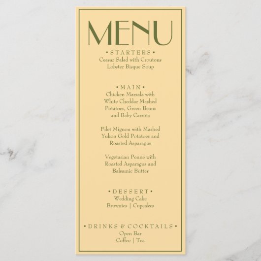 Menu Mariage Rétro Élégant Jaune Olive Vert (Devant)