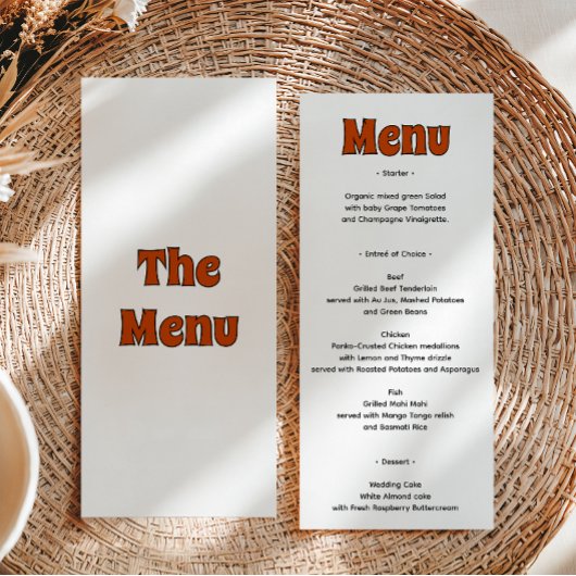 Menu Mariage rétro funky orange brûlé