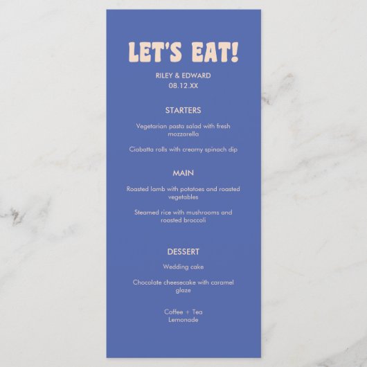 Menu Mariage rétro moderne bleu foncé beige "Mangeons ! (Devant)