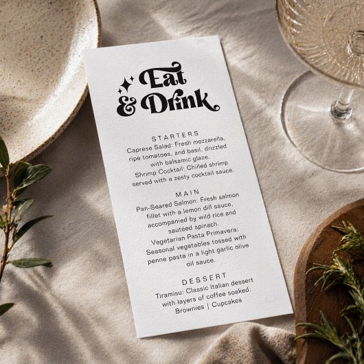 Menu Mariage Rétro Moderne Noir Blanc Manger et Boire