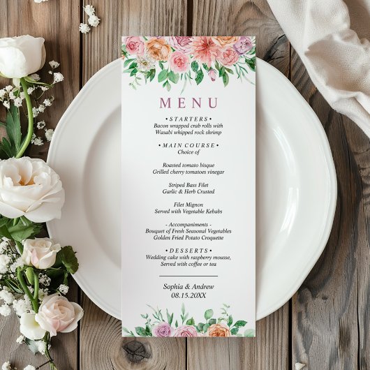 Menu Mariage Romantique Rose & Fleurs violettes