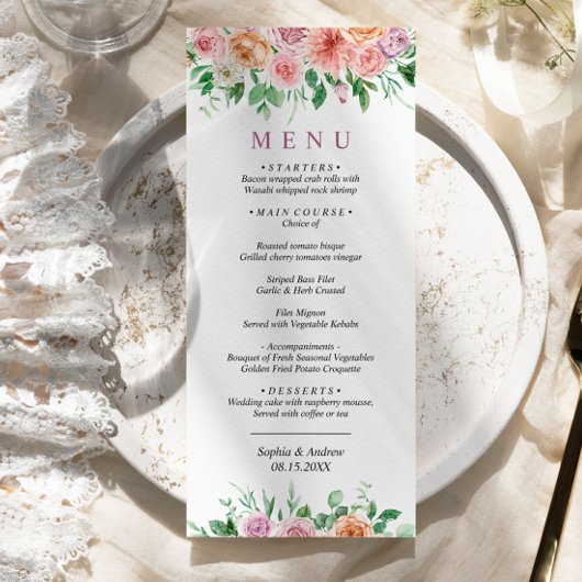 Menu Mariage Romantique Rose & Fleurs violettes
