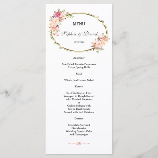 Menu Mariage Romantique Rose Floral Gold Frame (Devant)