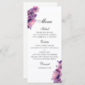 Menu mariage romantique rose. Menu dîner violet (Devant / Derrière)