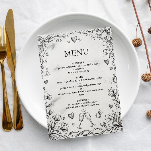 Menu Mariage Romantique Rustique Dessin à la Main