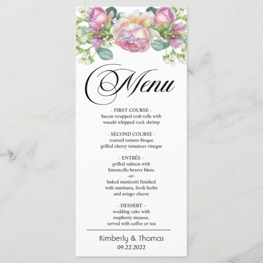 Menu Mariage Rose Aquarelle Blush (Devant)