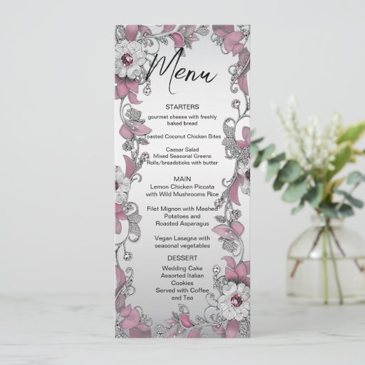 Menu Mariage Rose Argent Blanc Floral (Debout devant)