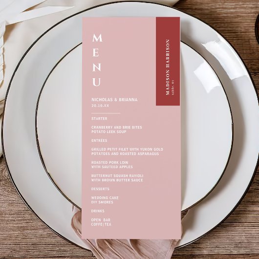 Menu Mariage rose dusté minimaliste
