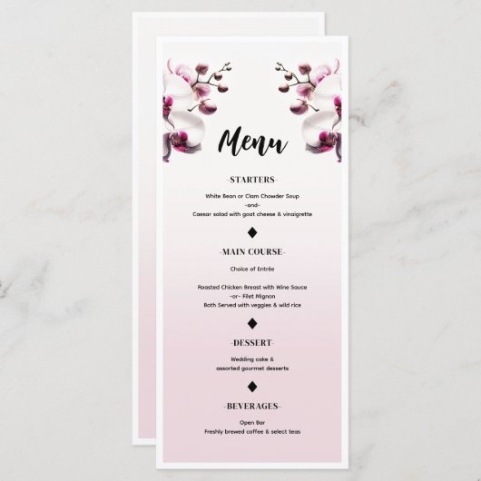 Menu Mariage rose et blanc orchidée (Devant / Derrière)