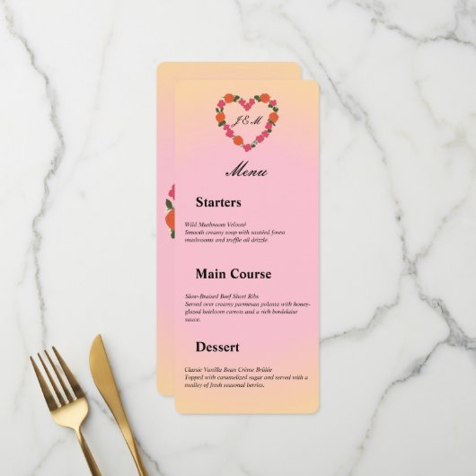Menu mariage rose et orange (Devant/Arrière en situation)