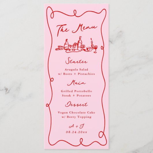 Menu Mariage Rose et Rouge au Dessin Main Fantaisiste (Devant)