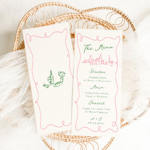 Menu Mariage Rose et Vert aux Dessins Fantaisistes à la