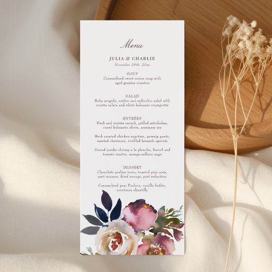 Menu Mariage Rose Mauve Indigo Watercolor