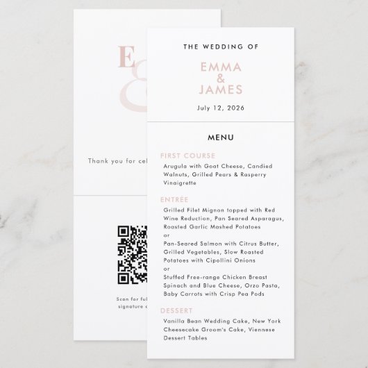 Menu Mariage Rose Pâle Ampersand | Code QR | Élégant (Devant / Derrière)