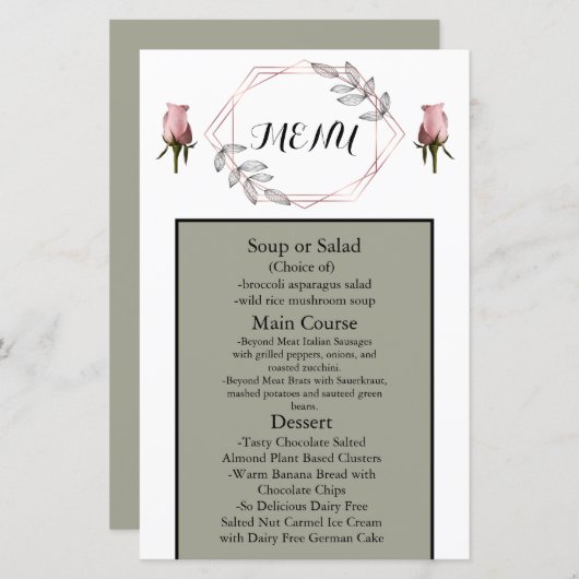Menu Mariage rose pâle avec Rose (Devant / Derrière)