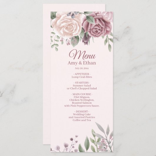 Menu Mariage rose Rustique Dusty Rose d'aquarelle (Devant / Derrière)