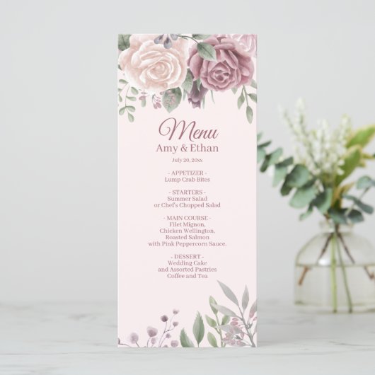 Menu Mariage rose Rustique Dusty Rose d'aquarelle (Debout devant)