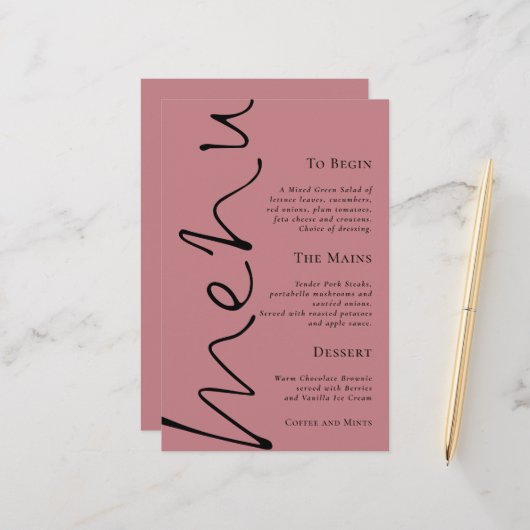 Menu Mariage Rose simple Dusty Script Budget (Devant/Arrière en situation)