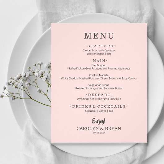 Menu Mariage rose simple et élégant du budget