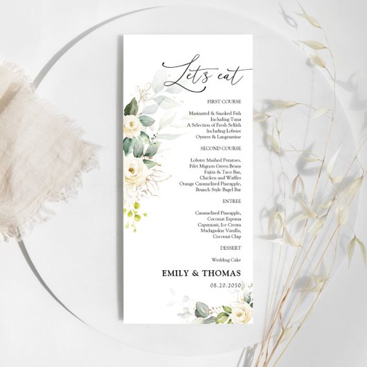 Menu Mariage Roses blanches vertes