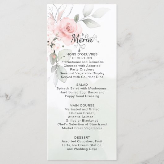 Menu Mariage Roses vertes et roses pastel (Devant)