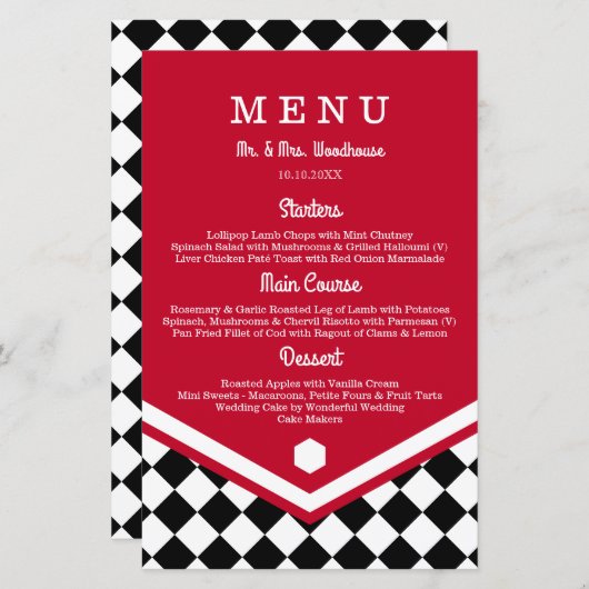 Menu Mariage rouge avec Motif À damiers noir (Devant / Derrière)
