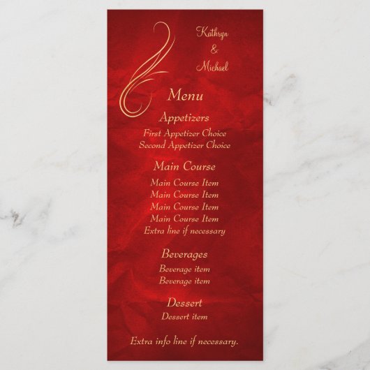 Menu Mariage rouge brillant Gold Swirl (Devant)