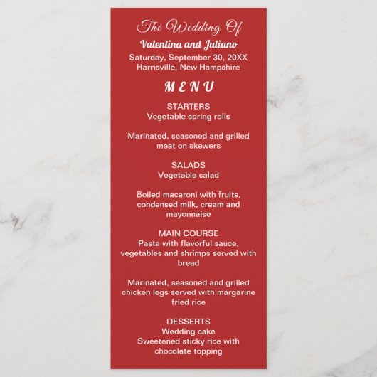 Menu Mariage rouge Crimson (Devant)