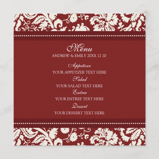 Menu mariage Rouge Floral Damask (Devant)