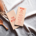 Menu Mariage rouge orange foncé à main rétro<br><div class="desc">Un menu coloré rétro moderne pêche orange mariage menu pour le dîner. Ce qui présente le design modèle chic de l'arrière - plan de pêche vintage de boho et de la typographie rouge audacieuse. Et Main Drawn morceau de gâteau et main écrit l'écriture entière. Parfait et assorti à toute la...</div>