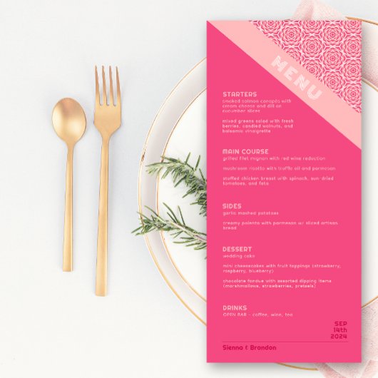 Menu Mariage rouge Rose géométrique