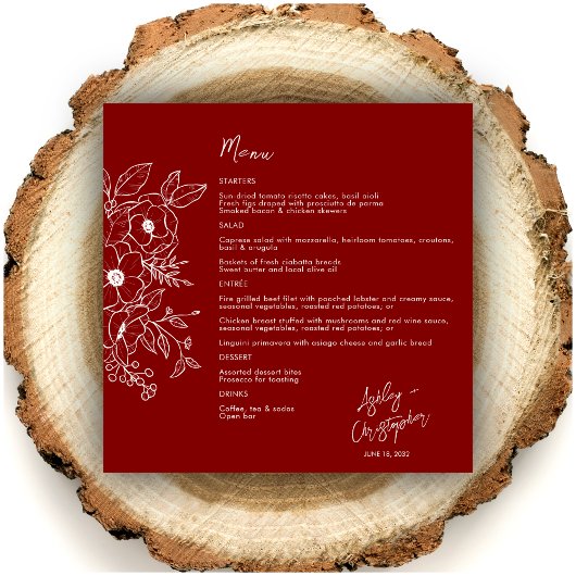Menu Mariage rouge rubis floral minimal