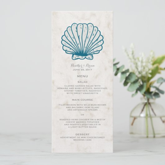 Menu Mariage Royal Blue Rustic Seashell (Debout devant)