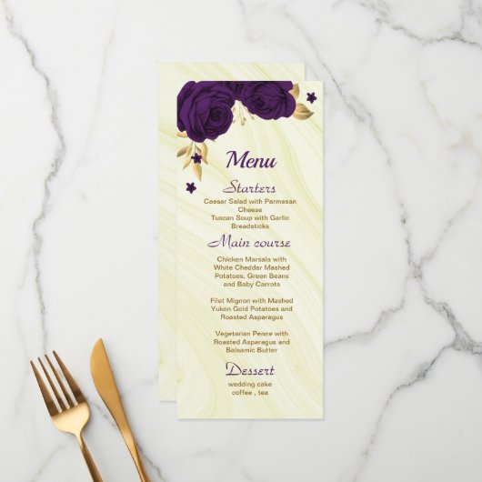 Menu mariage royal royal violet or fleuri (Devant/Arrière en situation)