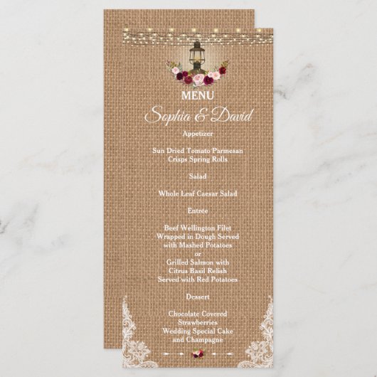 Menu Mariage Rustic Lace Burlap String Lights (Devant / Derrière)