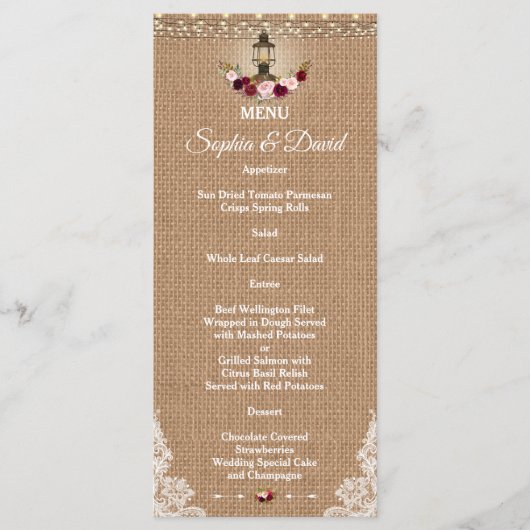 Menu Mariage Rustic Lace Burlap String Lights (Devant)