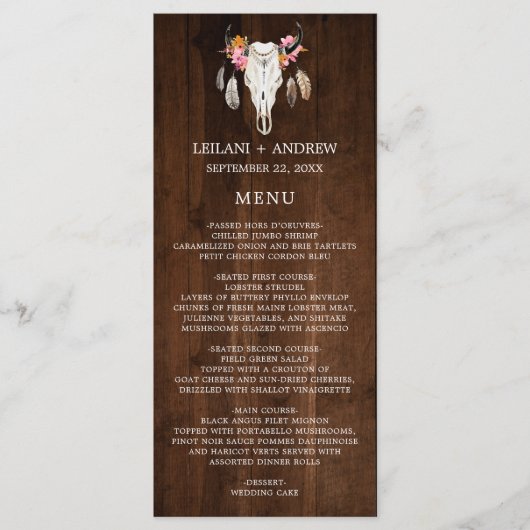 Menu Mariage Rustique Antler en bois foncé (Devant)