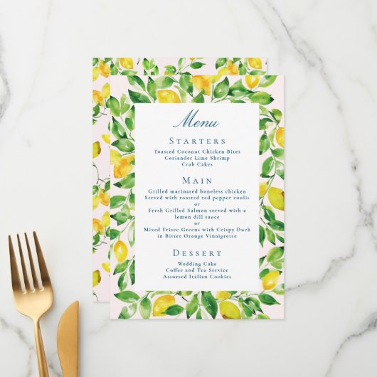 Menu Mariage rustique au citron et au feuillage (Devant/Arrière en situation)
