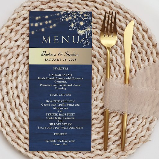Menu Mariage rustique bleu marine
