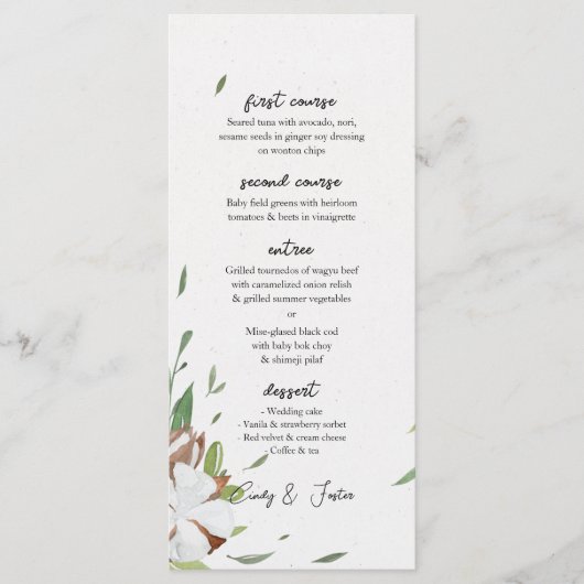 Menu Mariage rustique Cotton Greenery (Devant)