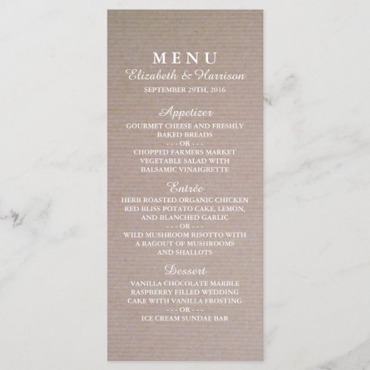 Menu Mariage Rustique Country Kraft (Devant)