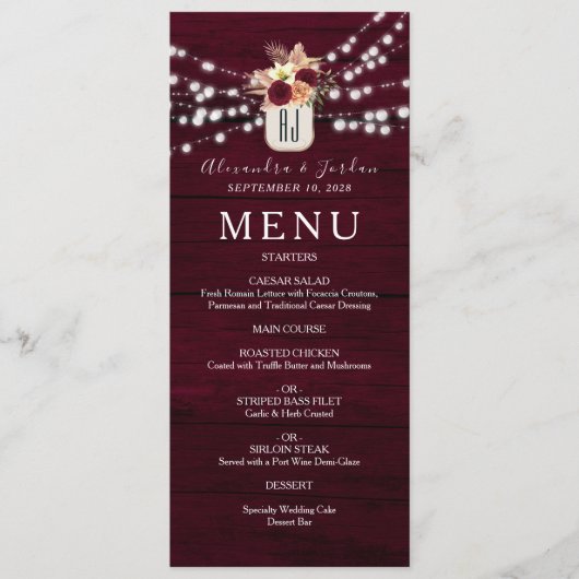 Menu Mariage Rustique de Bourgogne en Bois (Devant)