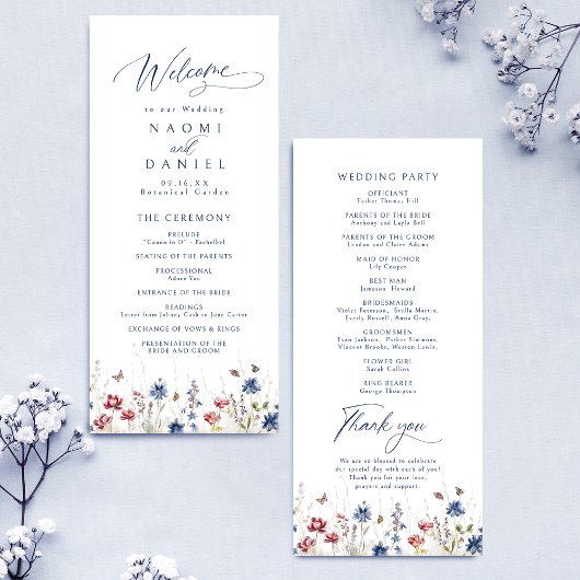 Menu Mariage rustique de fleurs sauvages aquarelle bleu