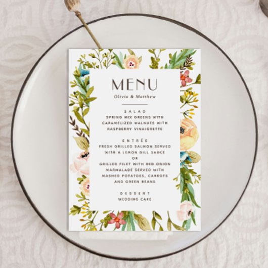 Menu Mariage rustique d'été à la florale verdoyante aqu