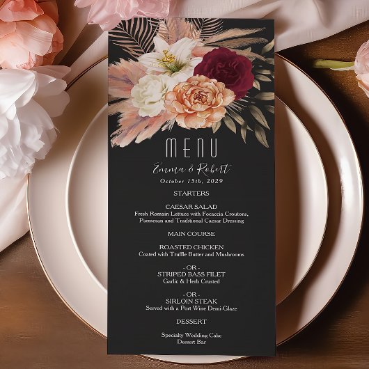 Menu Mariage rustique en Bourgogne et fleurs noires