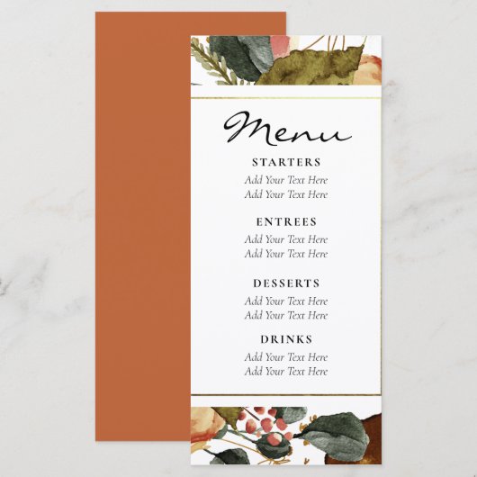 Menu Mariage rustique floral aquarelle automnal (Devant / Derrière)