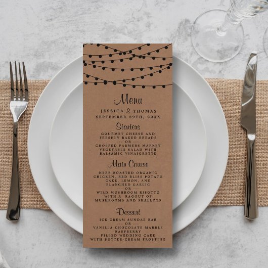 Menu Mariage Rustique Kraft String Lights