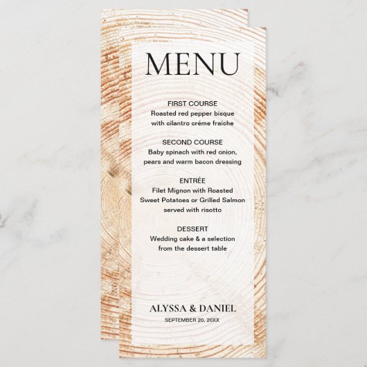 Menu Mariage rustique simple écorce bois sur arbre pers (Devant / Derrière)