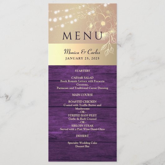 Menu Mariage rustique violet et or (Devant)